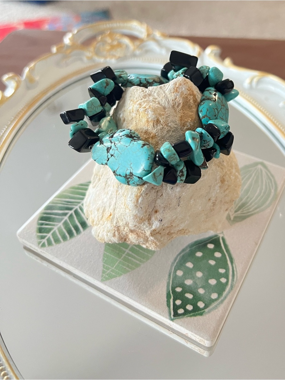 Turquoise Chunk Bracelet with Polished Black Stones